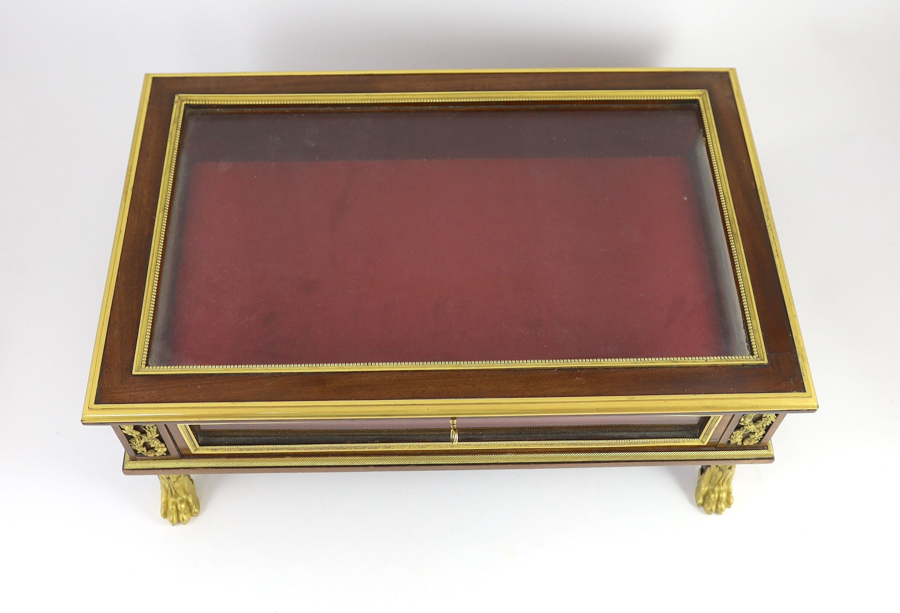 An early 20th century French ormolu mounted mahogany table top bijouterie cabinet, W.50cm D.33cm H.18cm